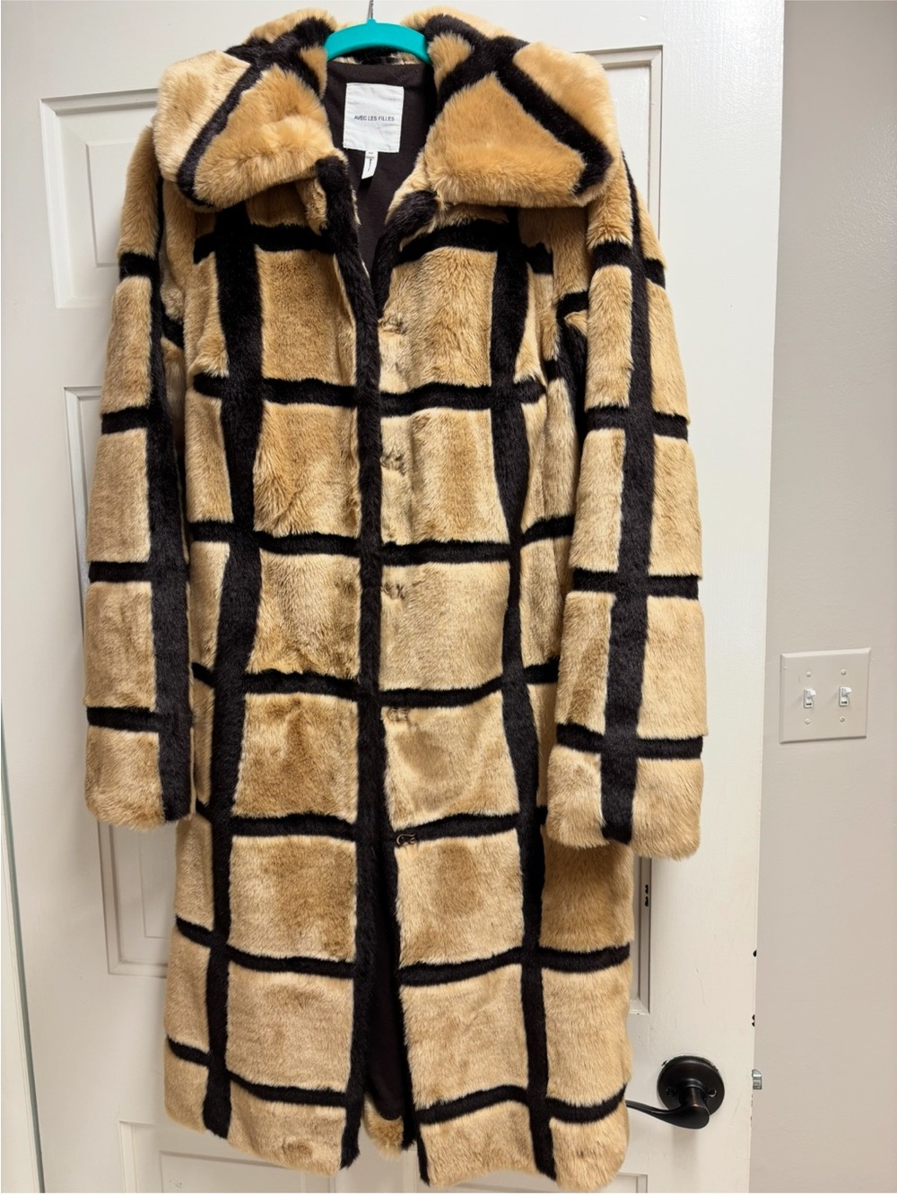 Avec Les Filles Tan and Black Plaid Faux Fur Pea knee-length Coat
